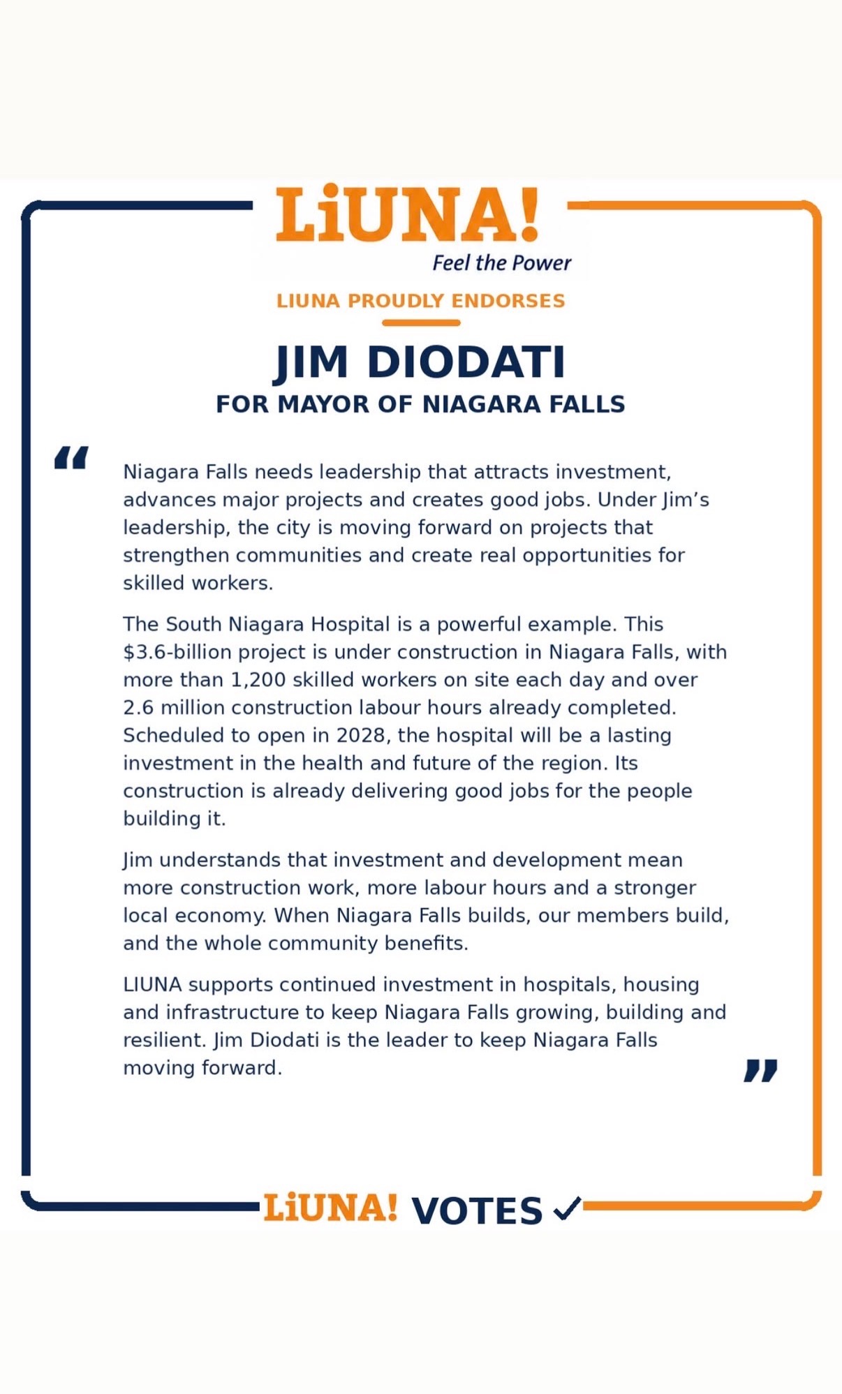 Original LiUNA letter endorsing Jim Diodati for Mayor of Niagara Falls